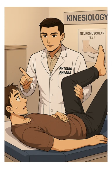 fai un webtoon manga a colori con questo stile, in cui un uomo è steso sul lettino medico e il kinesiologo con il camice bianco (fagli anche la scritta "ANTONIO ANANIA" SUL CAMICE, gli solleva una gamba per fargli il test neuromuscolare, IL KINESIOLOGO SPIEGA ALL'UOMO UNA cosa mentre gli alza la gamba. non fare i fumetti però, fai solo in modo che sembri stiano parlando sticker