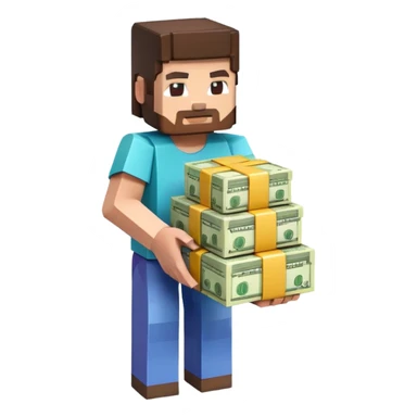 emoji style icon, minecraft blocky character holding a stack of money, pixel art style, bright colors, simple background, 3D glossy emoji, centered composition, soft shadow, high detail, clean outline, white background sticker