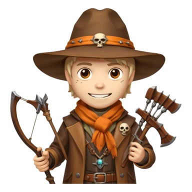 male human monster hunter emoji, wearing brown leather coat and wide hat, holding crossbow or rifle, with amulet shaped like skull, Halloween fantasy theme, confident smile, orange scarf, Apple emoji style, clean white background, square image sticker