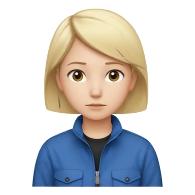Calm and independent female engineer, fair skin, short straight blonde hair tucked behind the ears, neutral but focused expression, wearing a fitted blue utility jacket over a black crew-neck top, waist-up, front-facing sticker