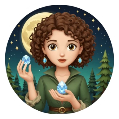 forest rogue woman short tight curly brown hair holding moon crystal sticker