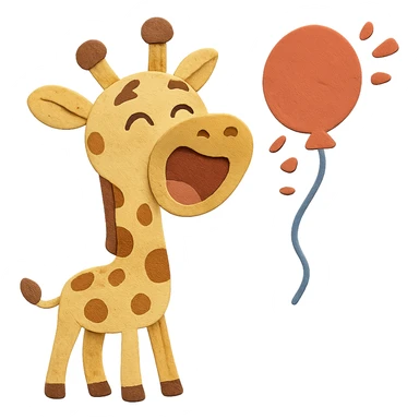 Change to full-body giraffe in paper-craft style, with a happy and laughing face, still popping a balloon. Keep all other design elements unchanged, visually appealing sticker