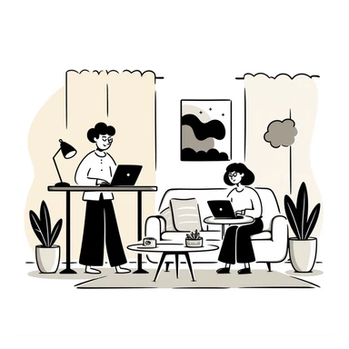 Flat illustration of a cozy mid-century living room with two people working on laptops, one man standing at a desk and one woman sitting on a couch, warm tones, two walls and floor visible sticker
