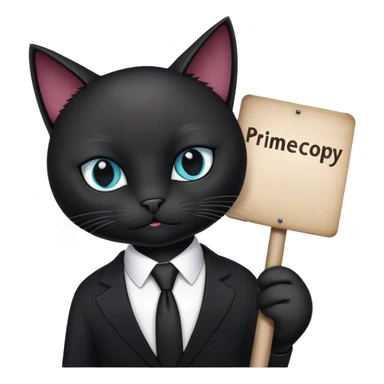 A black cat in a black business suit holds a sign that says "PrimeCopy" sticker