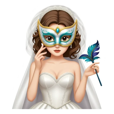 bride in a wedding dress holding a mask behind her back, hinting at a secret, no explicit content sticker