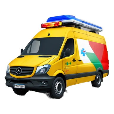 a yellow medical mercedes sprinter with red-blue lightbar and the side 1  hungarian flag and 1 OMSZ  label sticker