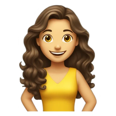 Brunette very happy girl with long wavy hair in the foreground shake her hand for say hi! to someone. She is wearing a yellow dress sticker