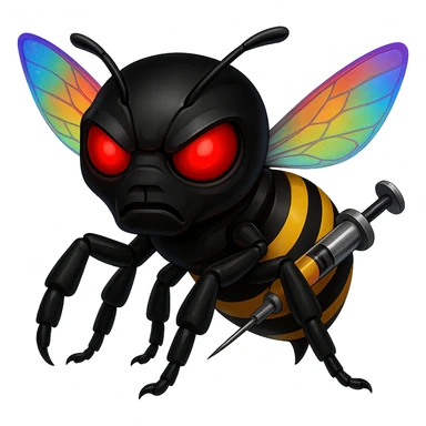 Create a menacing robotic bee with a black head and a syringe stinger, featuring rainbow prismatic energy wings. The style should resemble apple style emojis with concise details and vibrant colors. sticker
