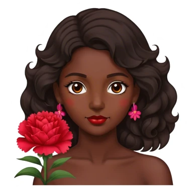 A Gypsy-origin woman with dark wavy hair, a single red carnation behind one ear, and a confident gaz sticker