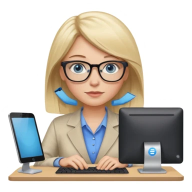 donna, occhi azzurri con occhiali, capelli medi, lisci e biondi, lavora al pc. sticker