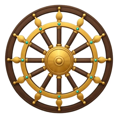 Tibetan Wheel of Life emoji, central hub with radiating spokes, decorated with small symbolic figures, simple spiritual style sticker