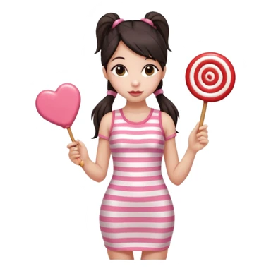 Girl with long dark ponytails wearing light pink bodycon dress holding a lollipop sticker
