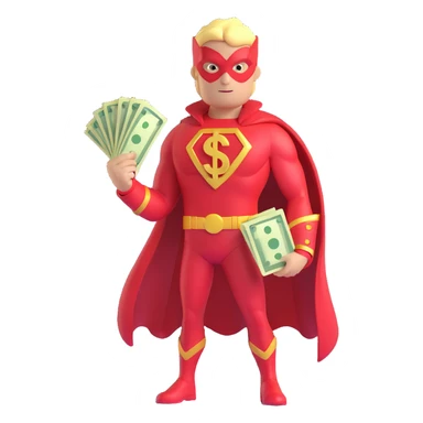 running superhero with red and gold suit, holding glowing money symbol, 3D toon style sticker