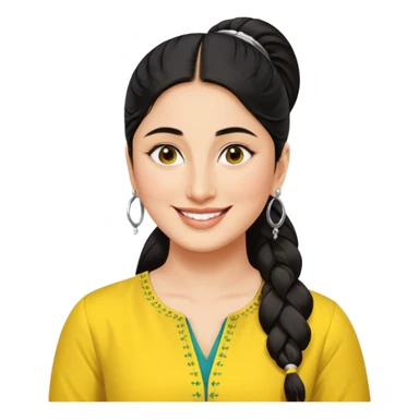 generate a pretty bratz emoji that looks like Kareena Kapoor's Geet character. 
Make her wear a yellow kurti, silver hoops, black hair in a ponytail. smiling big sticker