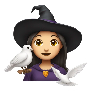 Create an emoji of a little witch with a dove on her hat sticker