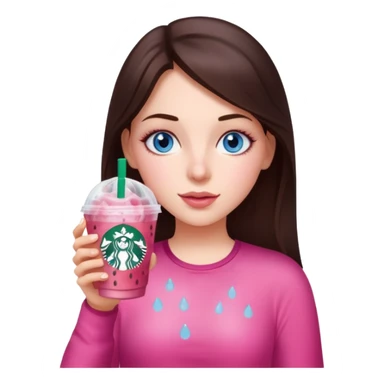 make an emoji of a brunette blue eye girl wearing pink drinking a strawberry acai refresher from starbucks sticker