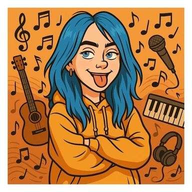 cartoon style portrait of Billie Eilish, blue hair, baggy clothes, playful expression, music theme sticker