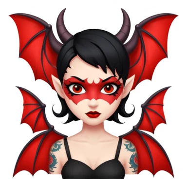 Demon girl: red skin, black hair, small horns, bat wing; tattoo-flash comic style; red/black palette; bold outlines; dark background; no text. sticker