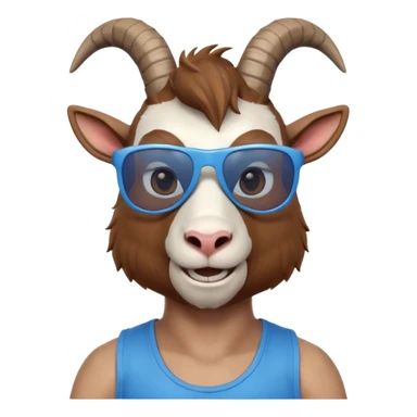 3D cartoon goat man portrait, head and shoulders, brown fur, small horns, blue reflective sunglasses, slight smile, tank top, soft lighting, centered, clean background, no text, no watermark
 sticker