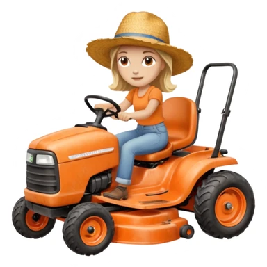White woman without glasses wearing a straw hat, on old orange ride on lawn mower.  sticker