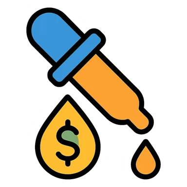 colored icon of a pipette with a golden drop, dollar sign inside the drop sticker