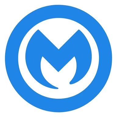 Reimagine the MalwareBytes logo in a minimalistic, flat blue style consistent with previous icons. Place the M-shaped shield in a lighter blue circle to ensure visibility. Use almost exclusively shades of blue, with clean, simple lines and a fully transparent background. Minimal use of other colors, prioritize clarity, recognizability, and consistency with the other icons. sticker
