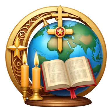 An icon featuring a holy book, a candle, a cross, and Islamic crescent and star, alongside a Buddhist wheel of Dharma, symbolizing religious studies. The design includes a globe with these symbols, representing the diversity of beliefs. Transparent background  sticker
