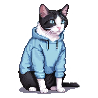 black and white cat wearing light blue sweatshirt sticker