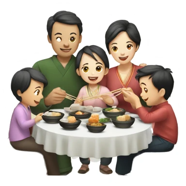 A family of 5 happily eating dim sum  sticker