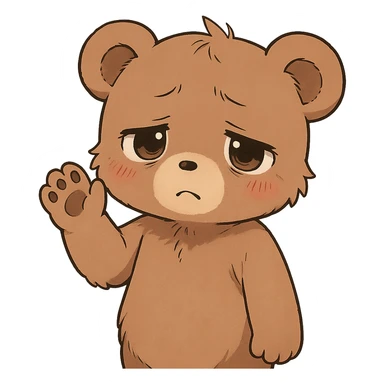 anime style cute bear waving, looking tired and sad, with a sweet expression sticker
