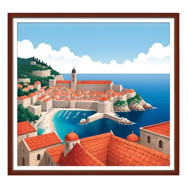 Cinematic Realistic aerial view of the historic city of Dubrovnik, showcasing its iconic red-roofed architecture, fortified walls, and sparkling Adriatic coastline, rendered with rich textures and warm Mediterranean lighting that captures its old-world charm. sticker