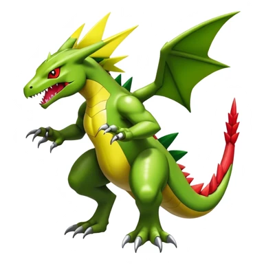 Cool edgy shiny futuristic Guilmon-Flygon-Tyranitar-Digimon-hybrid-fusion, yellow belly, full body sticker