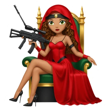 Drug dealer female green eyes symbol.  hair is brown curly long hair. sexy long with long red and black dress and face veil on that covers her mouth only. black stiletto platform high heels shoes on. Holding sniper rifle sitting on a gold throne. sticker