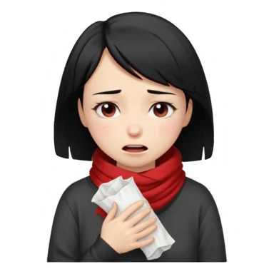 a pretty bratz fair girl crying in a loose oversized off white tshirt and red scarf with short black hair with a tissues in hand sticker