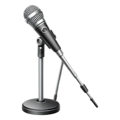 Minimalistic flat vector icon, iOS style, thin black contour on white background. Microphone on a stand with small spotlight rays. Clean, no text, no shadows sticker