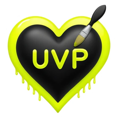 A neon yellow heart with black brushes inside the heart and The text UVP inside the heart sticker