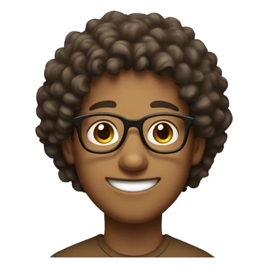 Smiling young man with thick glasses, curly hair, and wearing a brown shirt. sticker
