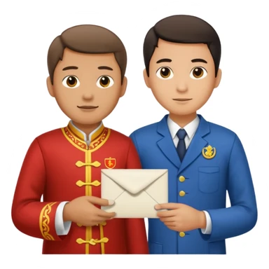 a university student with T-shirt handing letter to a old man official with chinese tunic suit sticker