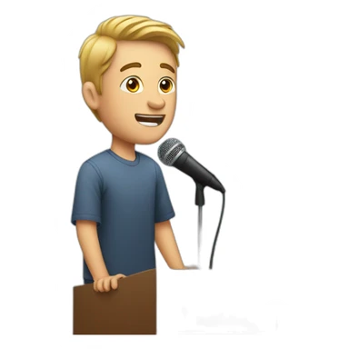 A white young man speaking on a stage with microphone sticker