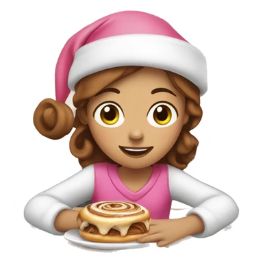 Girl with freckles and brown hair wearing pink santa hat and eating cinnamon roll sticker
