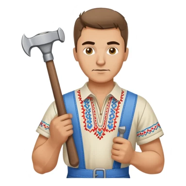 Ukrainian man wearing traditional embroidered vyshyvanka shirt holding construction tools like hammer and wrench sticker