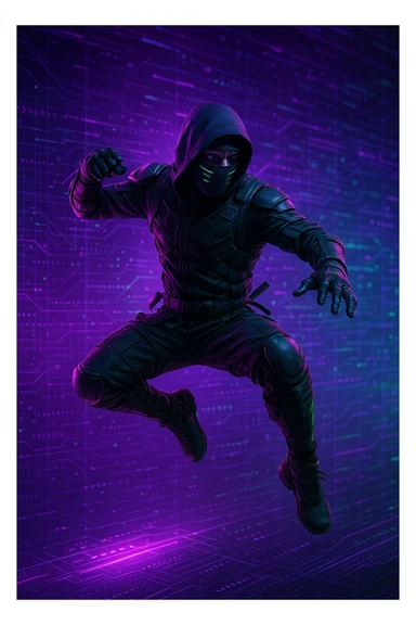cyber ninja, masked face, purple and green lights, leaping action, abstract tech background sticker