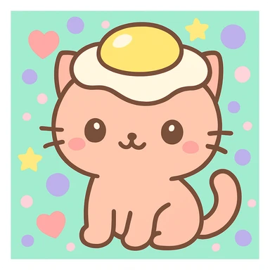 Add a playful, colorful background behind the cartoon cat with a sunny side up egg as a hat, in kawaii style. sticker