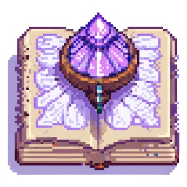 pixel art style spellbook, pixelated, floating, purple aura, fantasy theme sticker