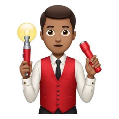 Movie theatre usher in red vest and black tie with flashlight looking scared sticker