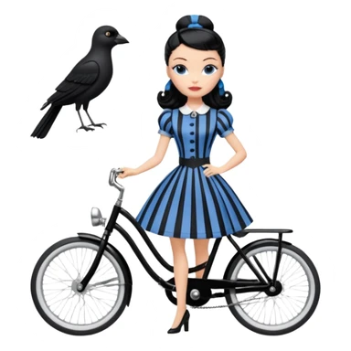 1920s coal hair Silkstone Marie Antoinette Barbie Wednesday Addams from academy in a blue and black vertically-striped classic dress. riding hot rod bikes with crows sticker