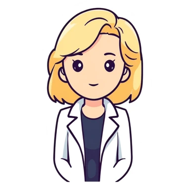 A blonde kinesiologist woman with a thinking face, wearing a white coat, considering therapy options sticker