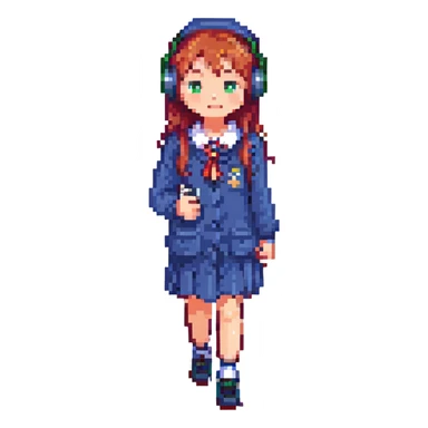 girl in a school uniform with headphones, walking, pixel art style sticker