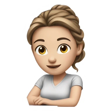 white girl at desk, brown hair, ponytail, blue eyes, computer, airpods sticker