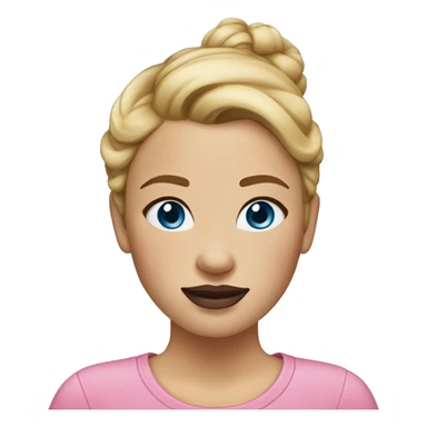 a woman with freckles, blue eyes, light skin, blonde hair with a bun, pink lips. black clothes. sticker
